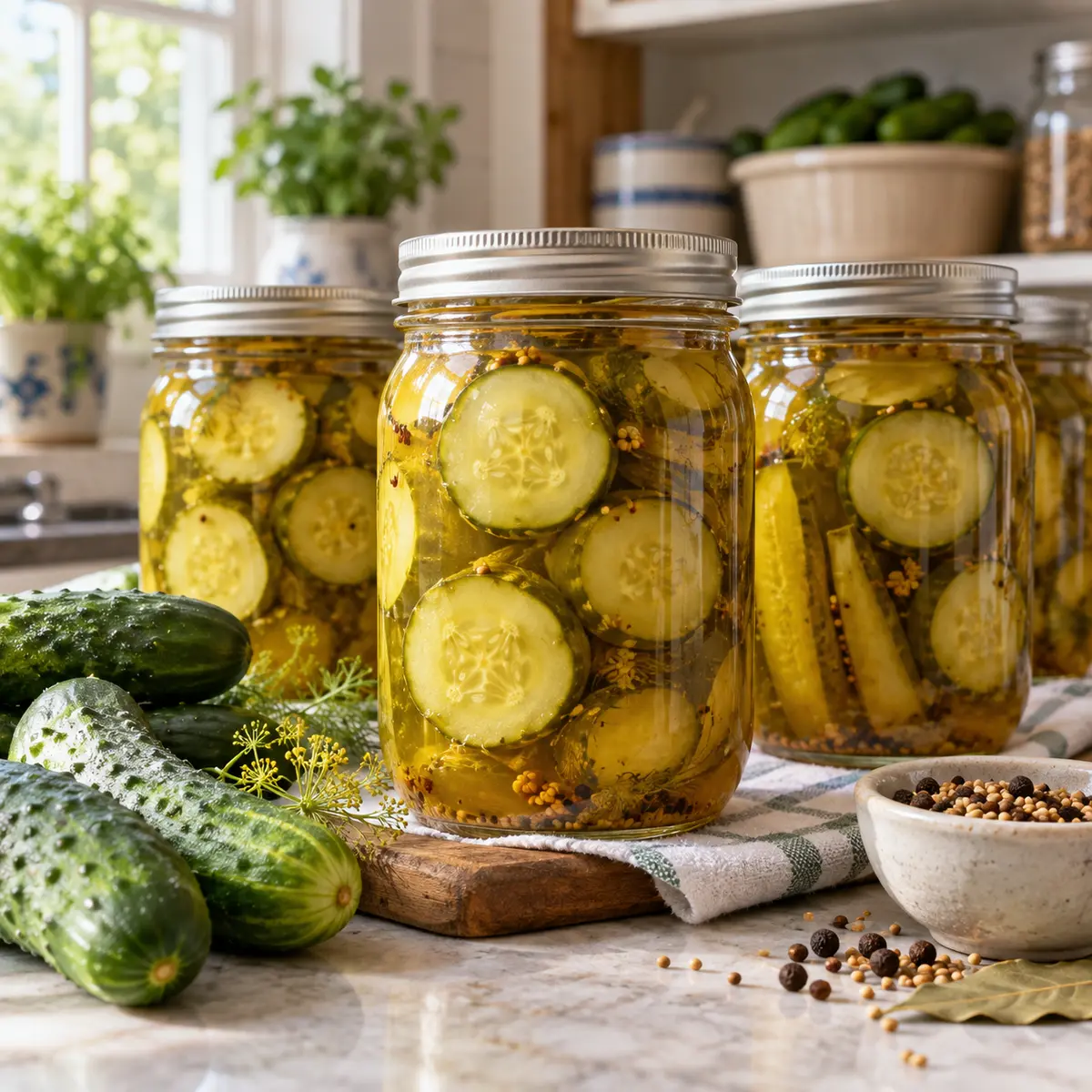 Sweet cucumber pickle slices and spears in sealed home-canning jars