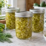 Sealed jars of Pickle relish prepared using the tested National Center for Home Food Preservation method