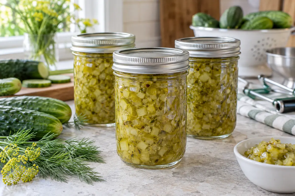 Sealed jars of Pickle relish prepared using the tested National Center for Home Food Preservation method