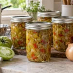 Sealed jars of Pickled green tomato relish prepared using the tested National Center for Home Food Preservation method