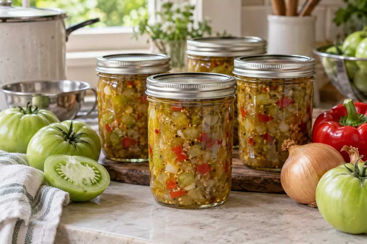 Sealed jars of Pickled green tomato relish prepared using the tested National Center for Home Food Preservation method