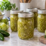 Sealed jars of Tangy tomatillo relish prepared using the tested National Center for Home Food Preservation method