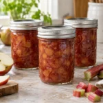 Sealed jars of Apple Rhubarb Chutney prepared using the tested Bernardin method