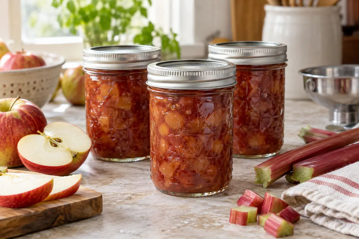 Sealed jars of Apple Rhubarb Chutney prepared using the tested Bernardin method
