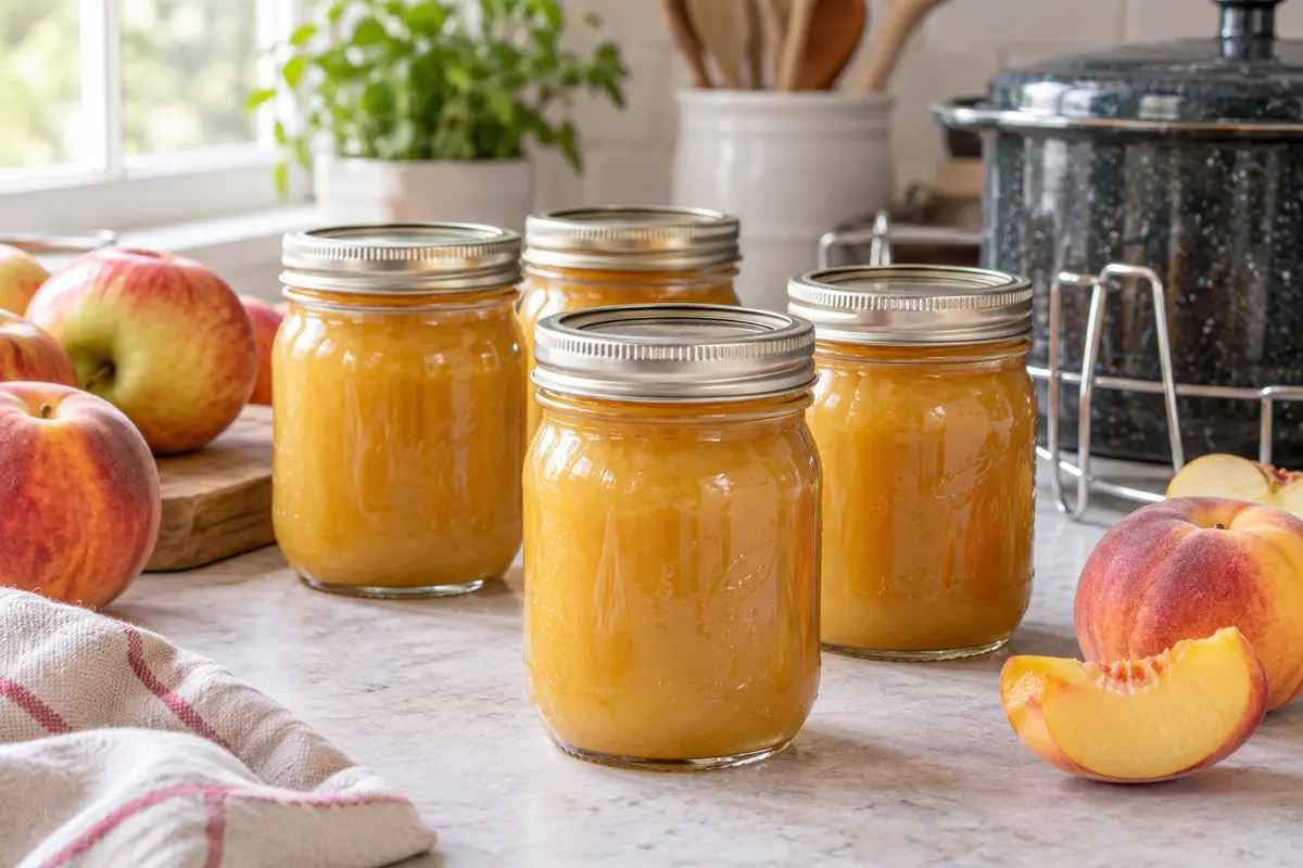 Sealed jars of Baby Food Fruit Purée prepared using the tested Bernardin method