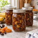 Sealed jars of Banana Dried Fruit Chutney prepared using the tested Bernardin method