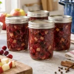 Sealed jars of Brandied Cranberry Apple Mincemeat prepared using the tested Bernardin method