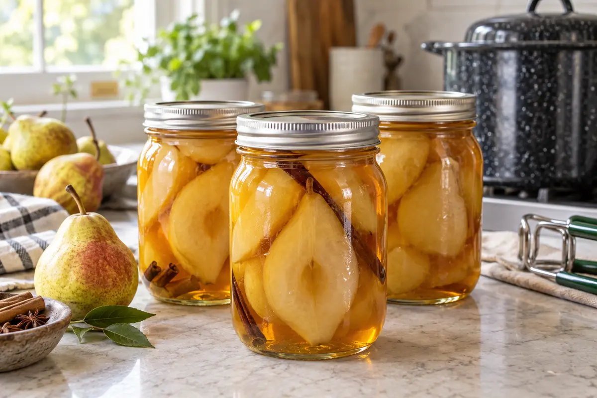 Sealed jars of Brandied Pears prepared using the tested Bernardin method