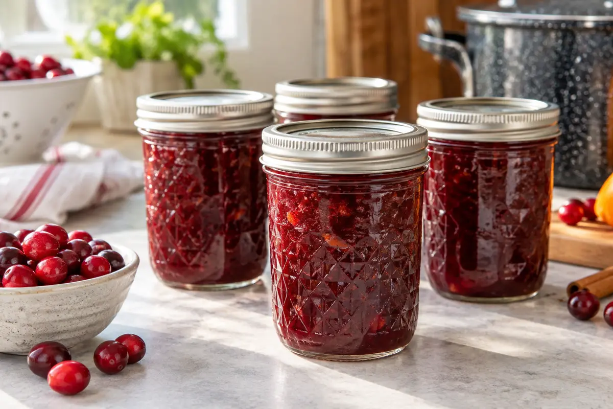 Sealed jars of Cranberry Chutney prepared using the tested Bernardin method