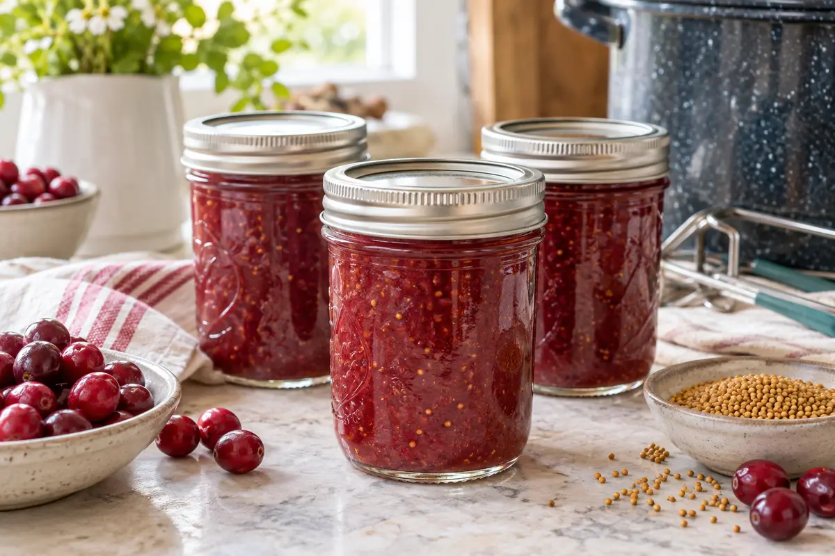 Sealed jars of Cranberry Mustard prepared using the tested Bernardin method