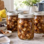 Sealed jars of Easy Bartlett Pear Mincemeat prepared using the tested Bernardin method