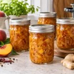 Sealed jars of Exotic Peach Chutney prepared using the tested Bernardin method