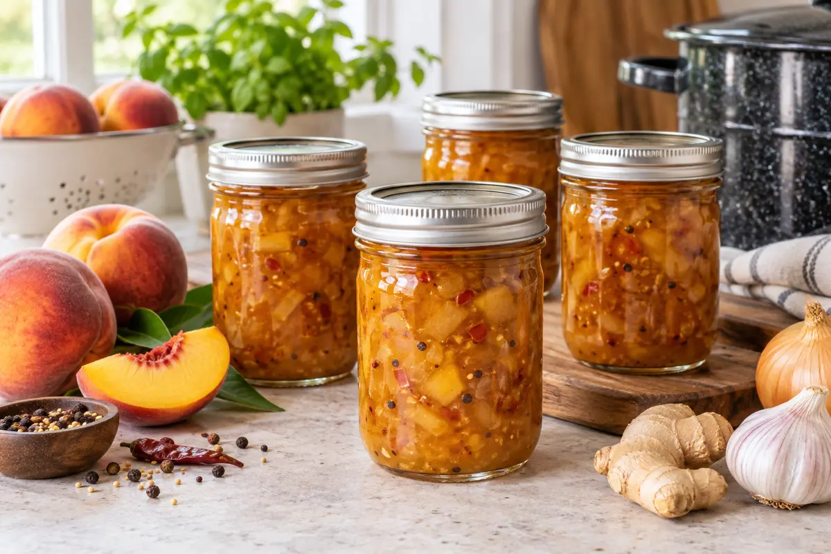 Sealed jars of Exotic Peach Chutney prepared using the tested Bernardin method