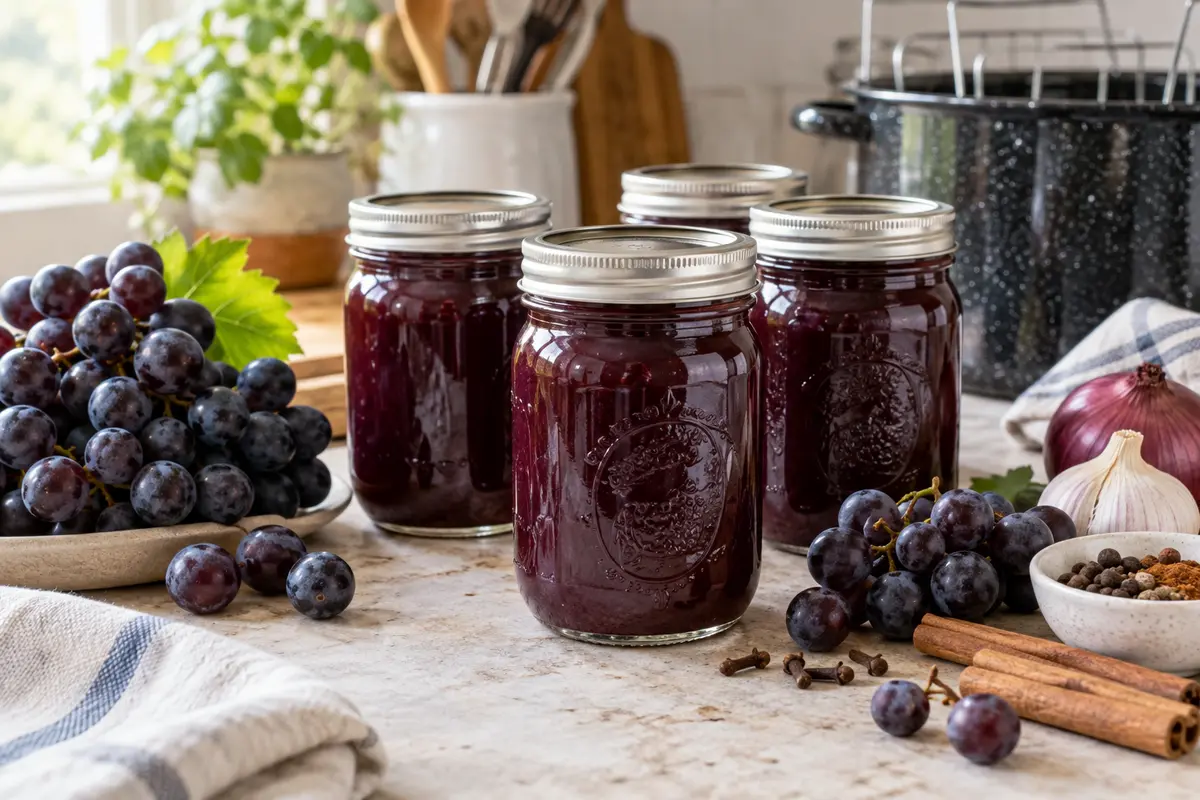 Sealed jars of Fruit of the vine Ketchup prepared using the tested Bernardin method