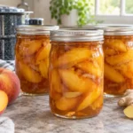 Sealed jars of Ginger Bourbon Peaches prepared using the tested Bernardin method