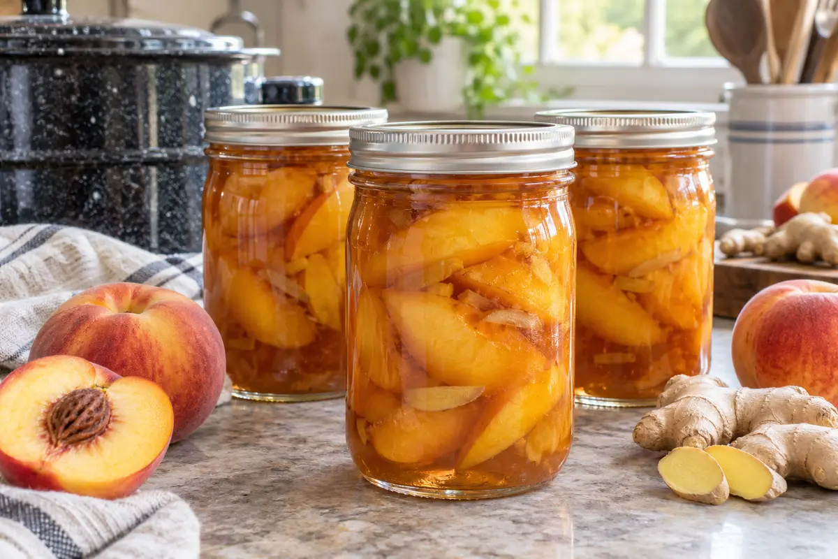 Sealed jars of Ginger Bourbon Peaches prepared using the tested Bernardin method