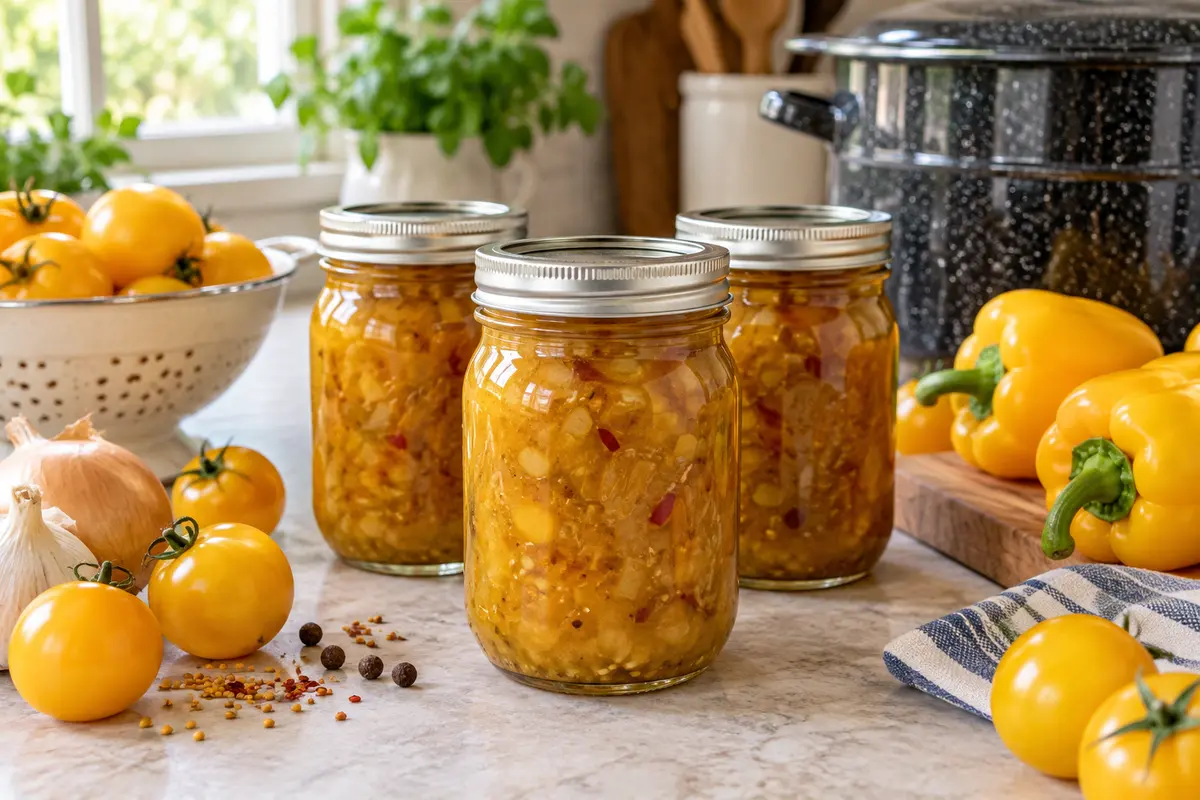 Sealed jars of Golden Gossip Chutney prepared using the tested Bernardin method