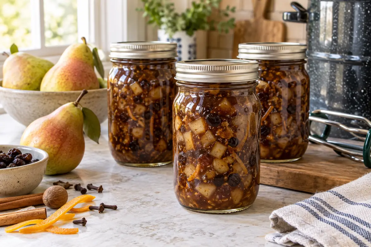 Sealed jars of Gourmet Pear Mincemeat (meatless) prepared using the tested Bernardin method