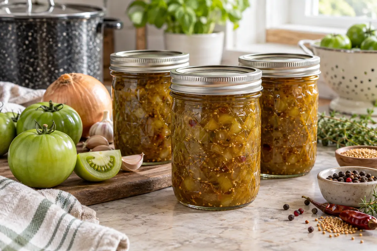 Sealed jars of Green Tomato Chutney prepared using the tested Bernardin method