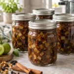 Sealed jars of Green Tomato Mincemeat prepared using the tested Bernardin method