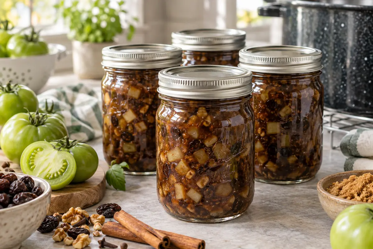 Sealed jars of Green Tomato Mincemeat prepared using the tested Bernardin method