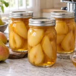 Sealed jars of Honey Pears prepared using the tested Bernardin method