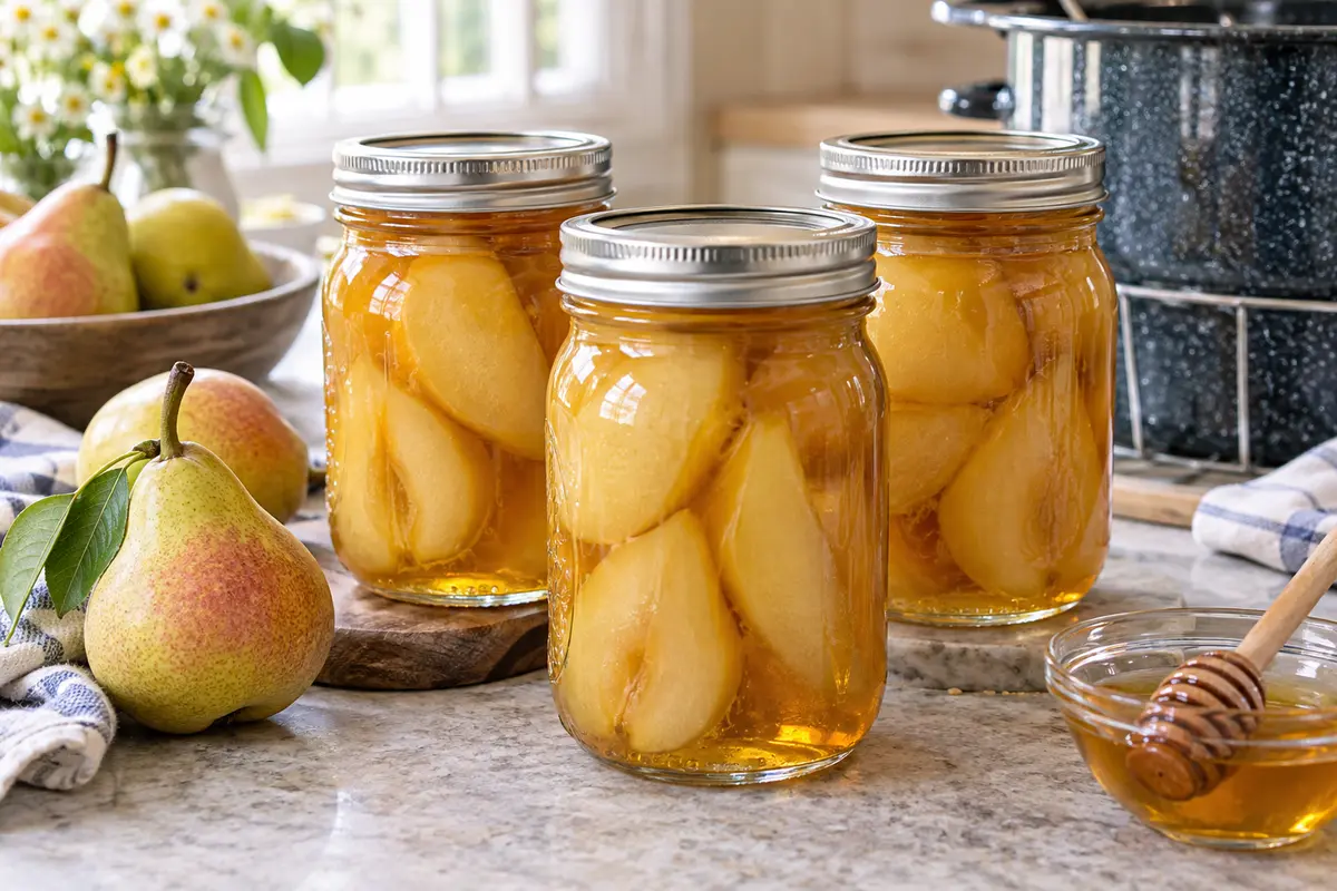 Sealed jars of Honey Pears prepared using the tested Bernardin method