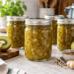 Sealed jars of Kiwi Chutney prepared using the tested Bernardin method