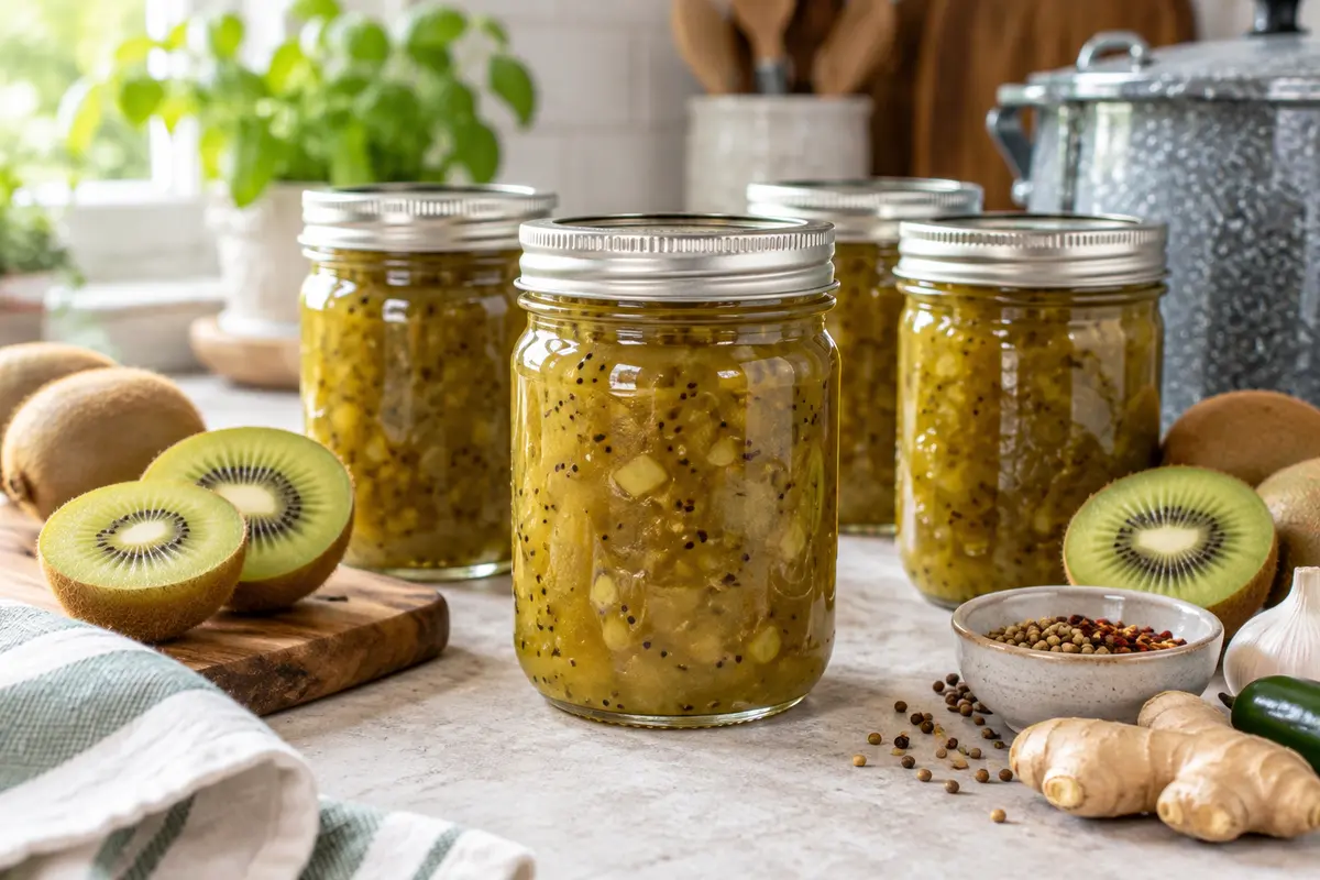 Sealed jars of Kiwi Chutney prepared using the tested Bernardin method