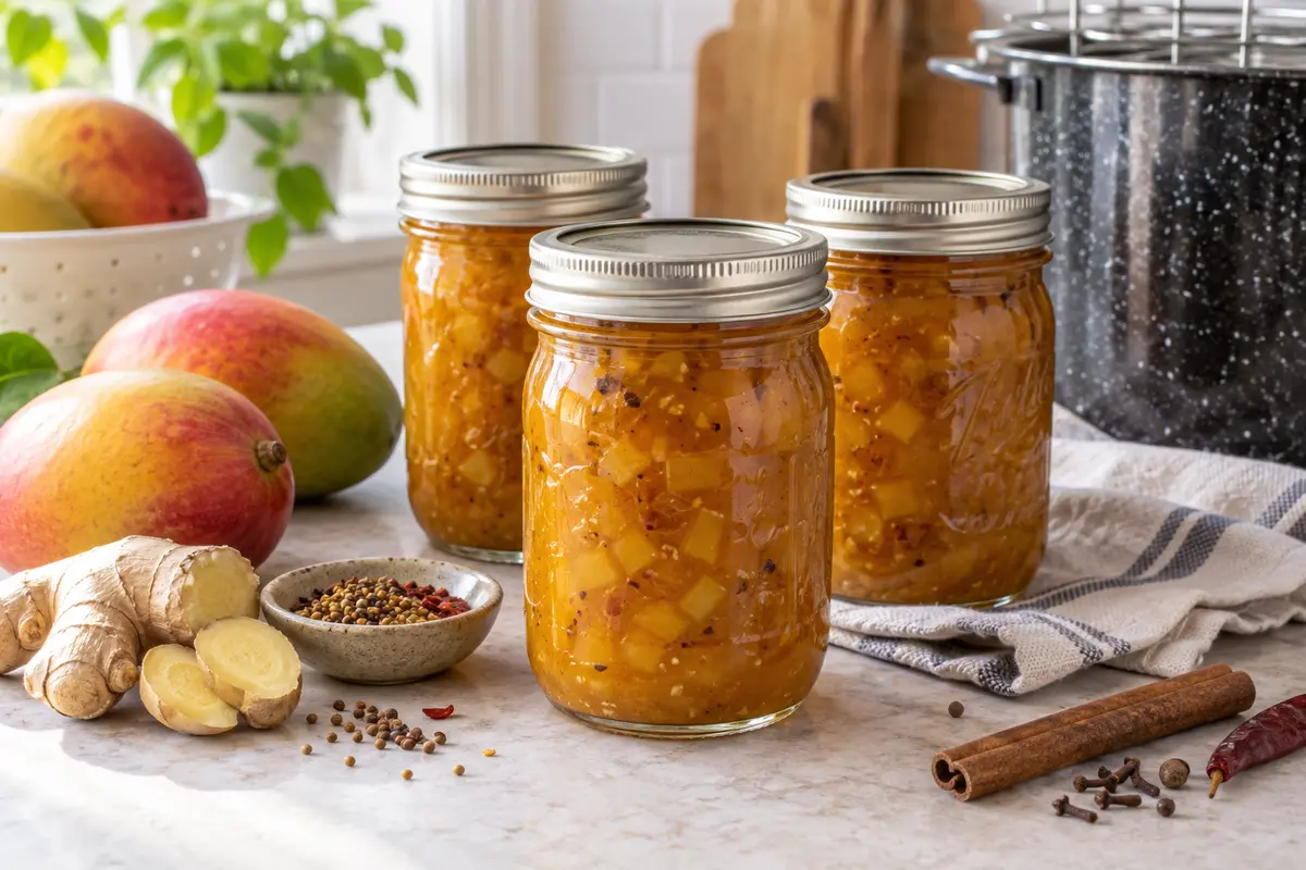Sealed jars of Mango Chutney prepared using the tested Bernardin method
