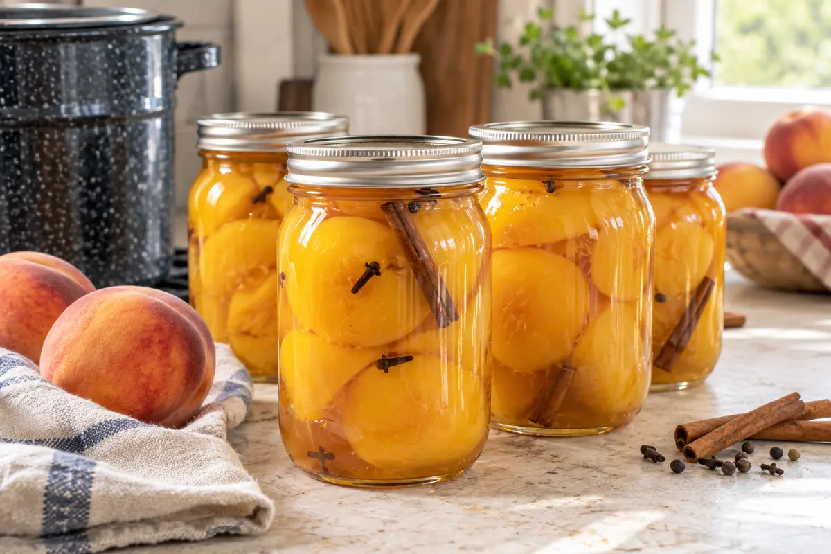 Sealed jars of One-of-a-kind Peaches prepared using the tested Bernardin method