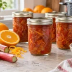 Sealed jars of Orange Rhubarb Chutney prepared using the tested Bernardin method