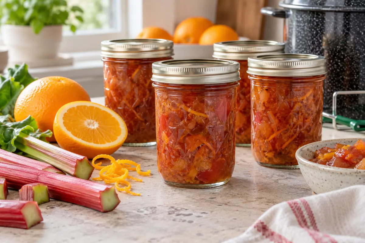 Sealed jars of Orange Rhubarb Chutney prepared using the tested Bernardin method