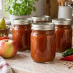 Sealed jars of Orchard Fruit Chili Sauce prepared using the tested Bernardin method