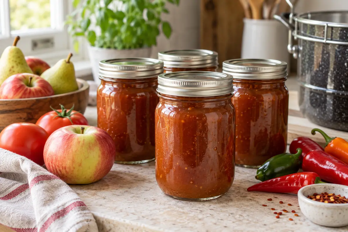 Sealed jars of Orchard Fruit Chili Sauce prepared using the tested Bernardin method