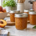Sealed jars of Peach Rum Sauce prepared using the tested Bernardin method