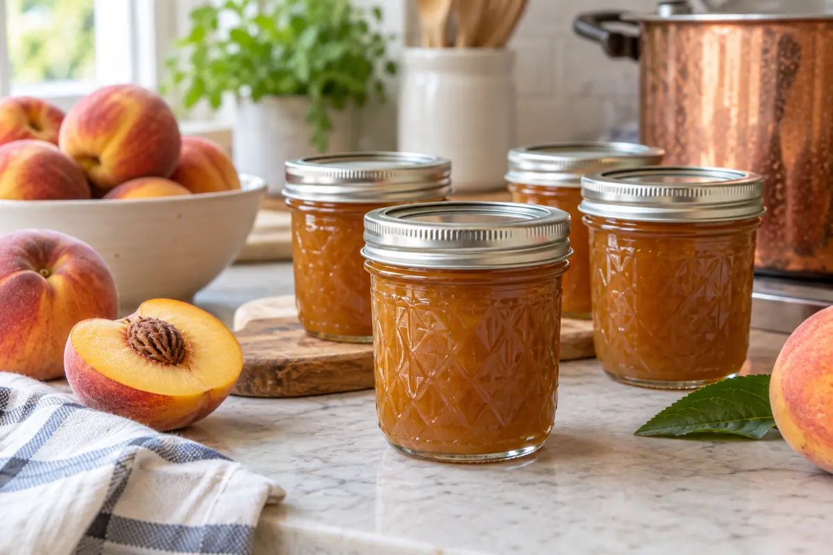 Sealed jars of Peach Rum Sauce prepared using the tested Bernardin method