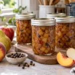 Sealed jars of Peach, Pear and or Apple Allspice Chutney prepared using the tested Bernardin method