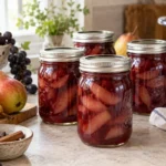 Sealed jars of Pear Port Compote prepared using the tested Bernardin method