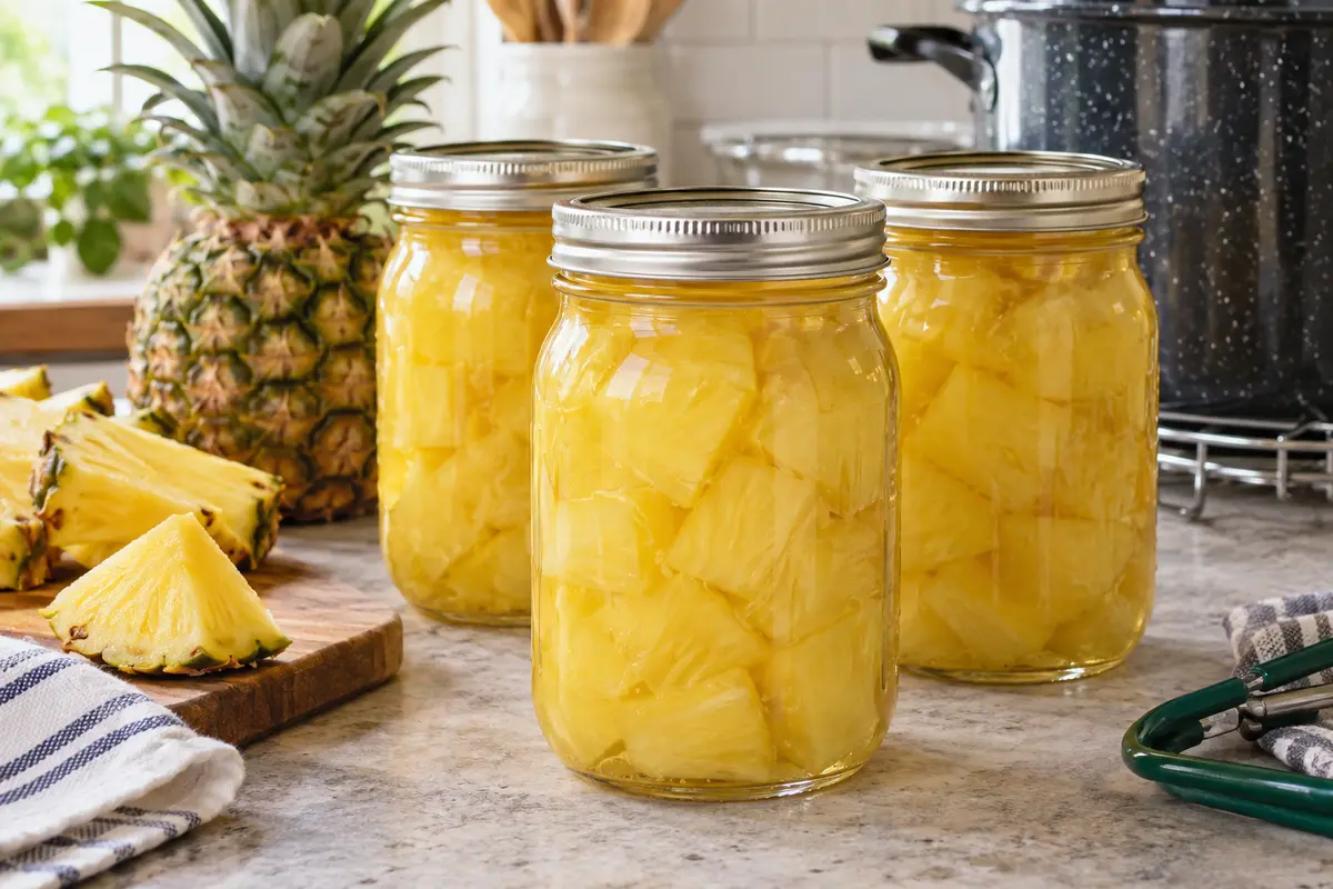 Sealed jars of Pineapple in Syrup prepared using the tested Bernardin method