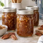 Sealed jars of Praline Syrup prepared using the tested Bernardin method