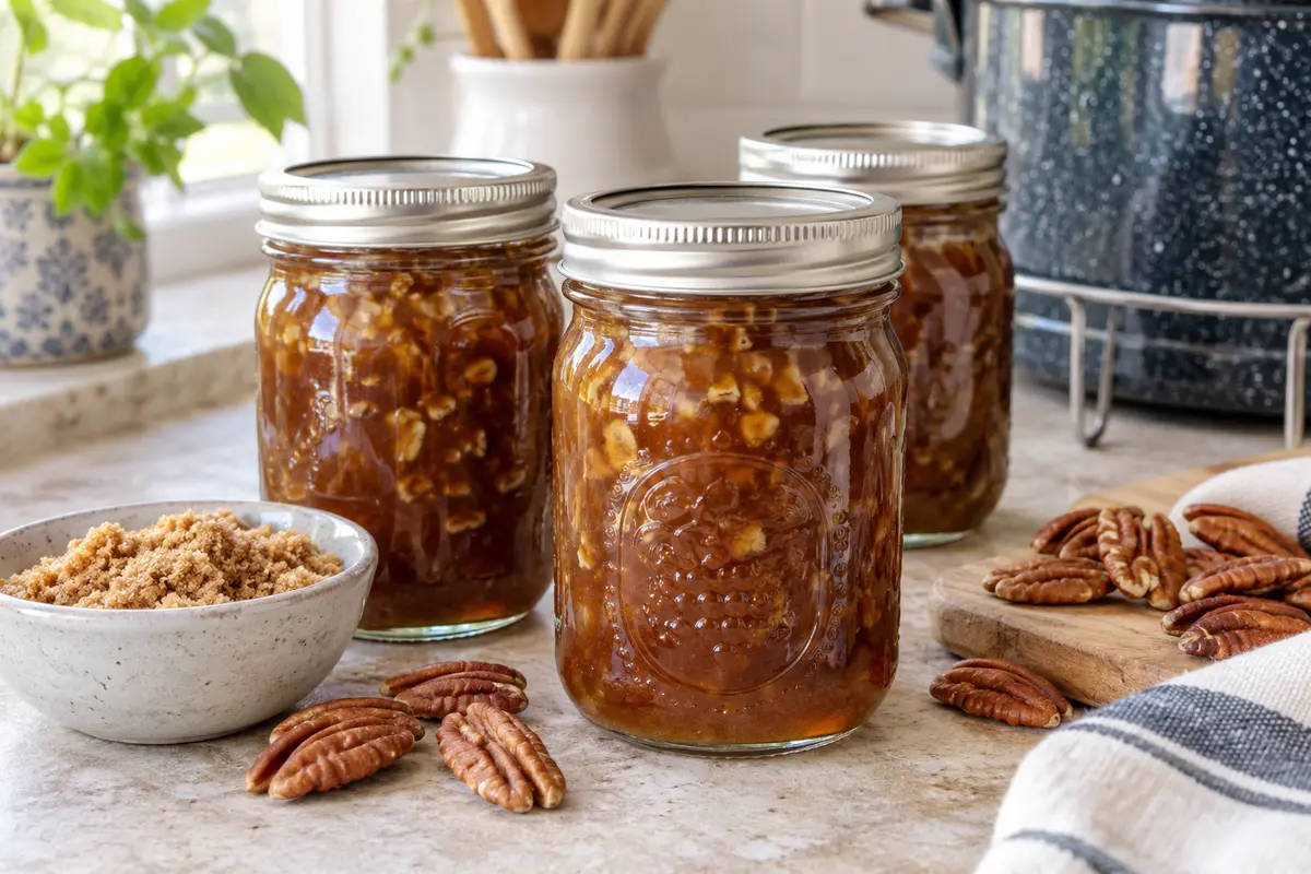 Sealed jars of Praline Syrup prepared using the tested Bernardin method