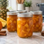 Sealed jars of Pumpkin Pineapple Autumn Glory Compote prepared using the tested Bernardin method
