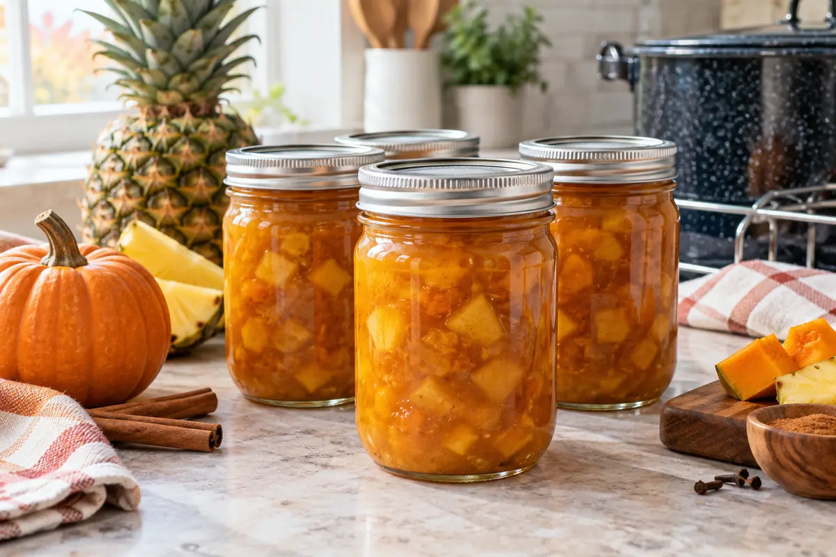Sealed jars of Pumpkin Pineapple Autumn Glory Compote prepared using the tested Bernardin method