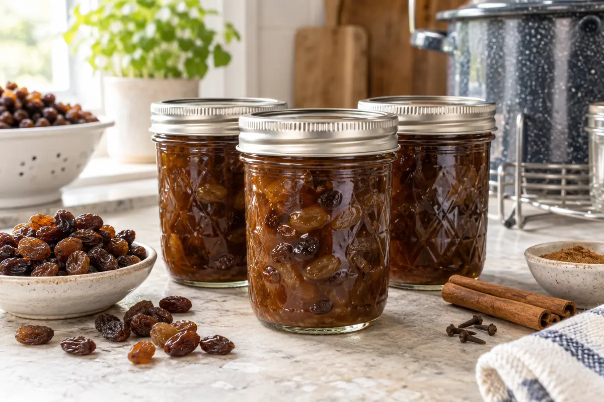 Sealed jars of Raisin sauce prepared using the tested Bernardin method