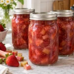 Sealed jars of Rhubarb Strawberry Pie Filling prepared using the tested Bernardin method