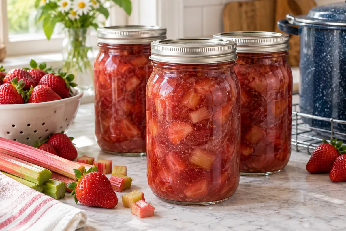 Sealed jars of Rhubarb Strawberry Pie Filling prepared using the tested Bernardin method