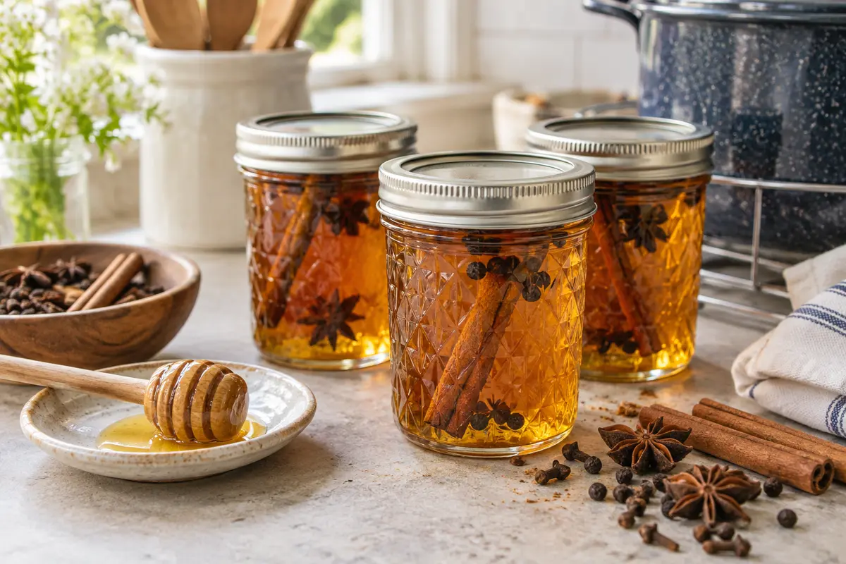 Sealed jars of Spiced Honey prepared using the tested Bernardin method