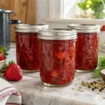 Sealed jars of Strawberry, Fennel, Black Pepper Compote prepared using the tested Bernardin method