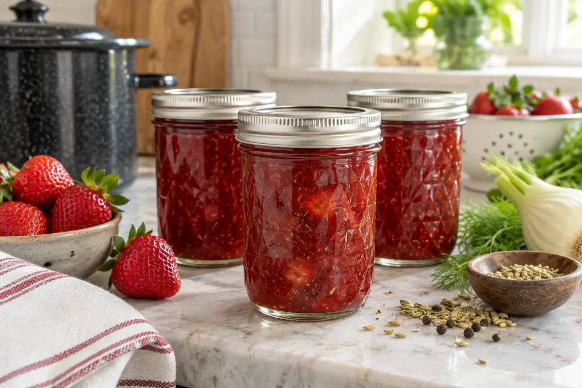 Sealed jars of Strawberry, Fennel, Black Pepper Compote prepared using the tested Bernardin method